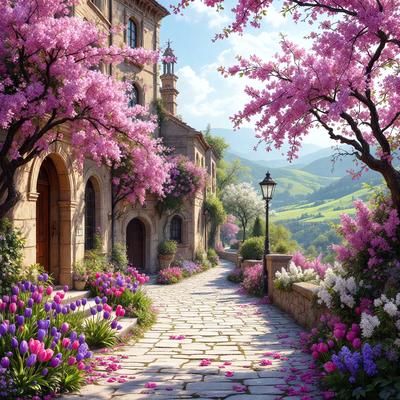 The primary subject of the image is a beautifully designed pathway lined with pink flowers, leading to a large building. The setting is a picturesque countryside with a mountain in the background. The visual style is a combination of photo and digital art, creating a vibrant and lively atmosphere. The dominant colors are pink and purple, which contribute to the overall mood of the scene.
